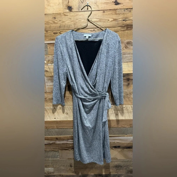 H by Halston wrap dress midi lined vneck 3/4 sleeve light knit luxury gray USM - Picture 2 of 4